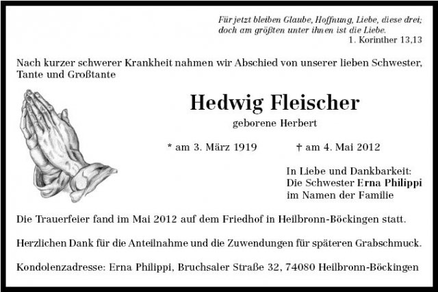 Herbert Hedwig 1919-2012 Todesanzeige